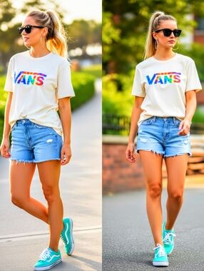 Vans Cream Tee with Multicolor Rainbow Logo